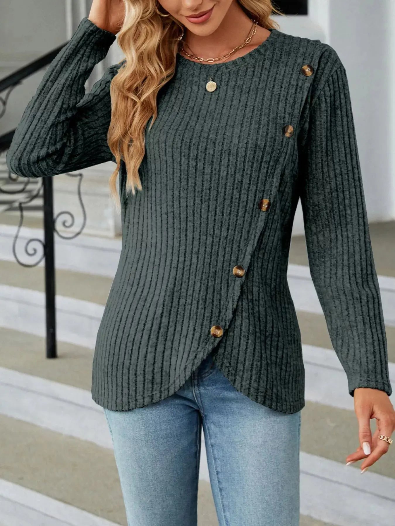 Decorative Button Ribbed Knit T Shirt