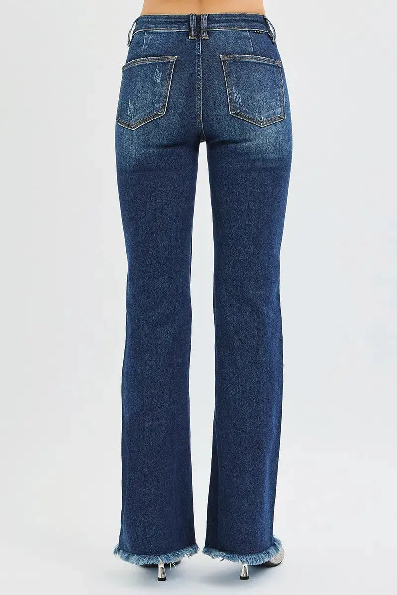 RISEN Jeans - Plus Size Tummy Control Mid Rise Flare Jeans with Raw Hem