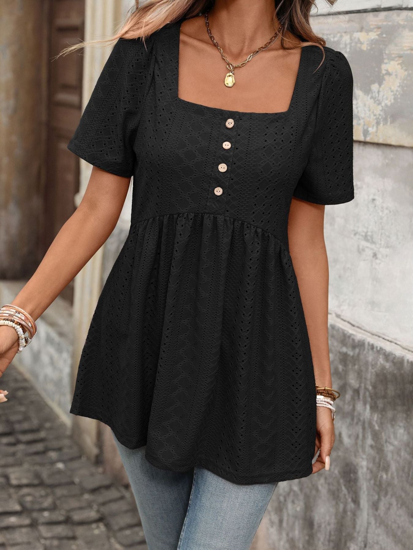 Women's Eyelet Square Neck Babydoll Short Sleeve Top