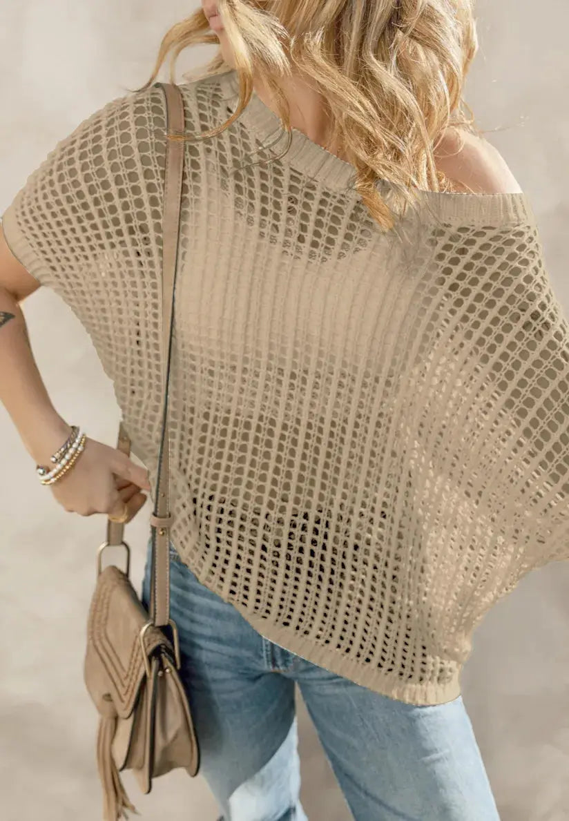 Openwork Round Neck Half Sleeve Knit Cover Up Top