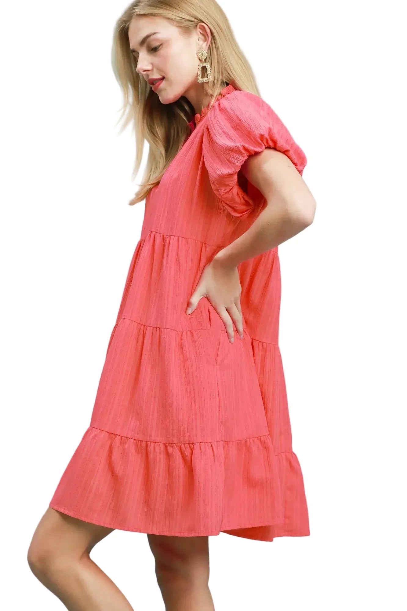 Puff Sleeve Tiered Babydoll Dress in Coral