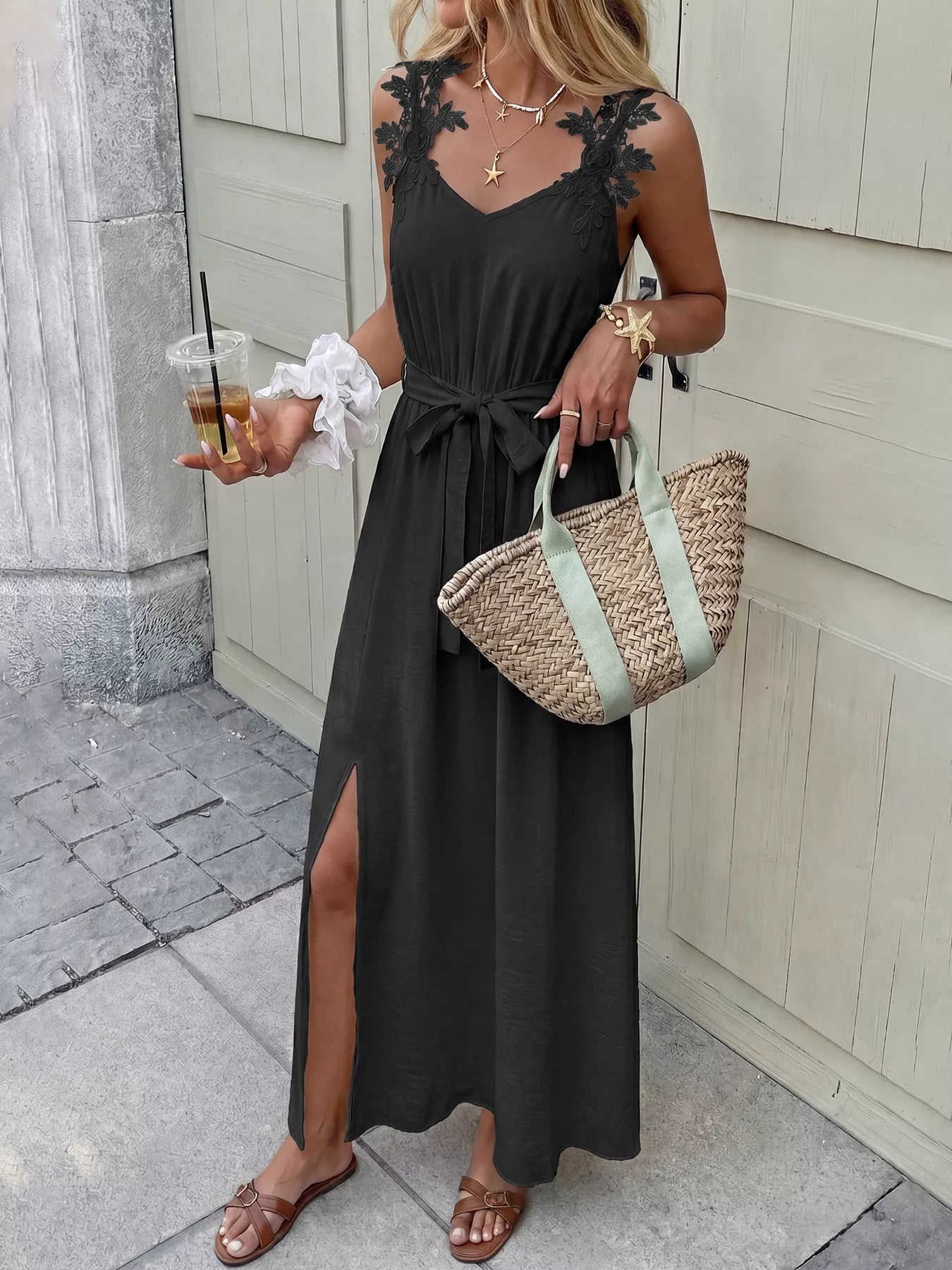 Lace Trim Maxi Dress with Slit