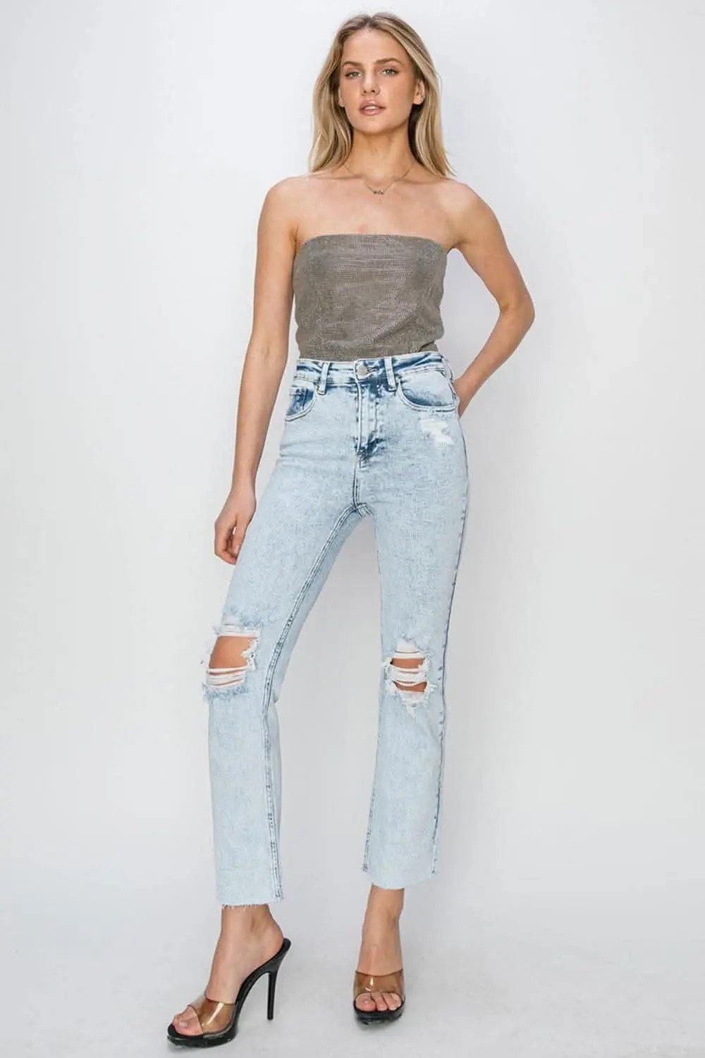 T-Shirts Trendsi RISEN High Rise Distressed Ankle Jeans