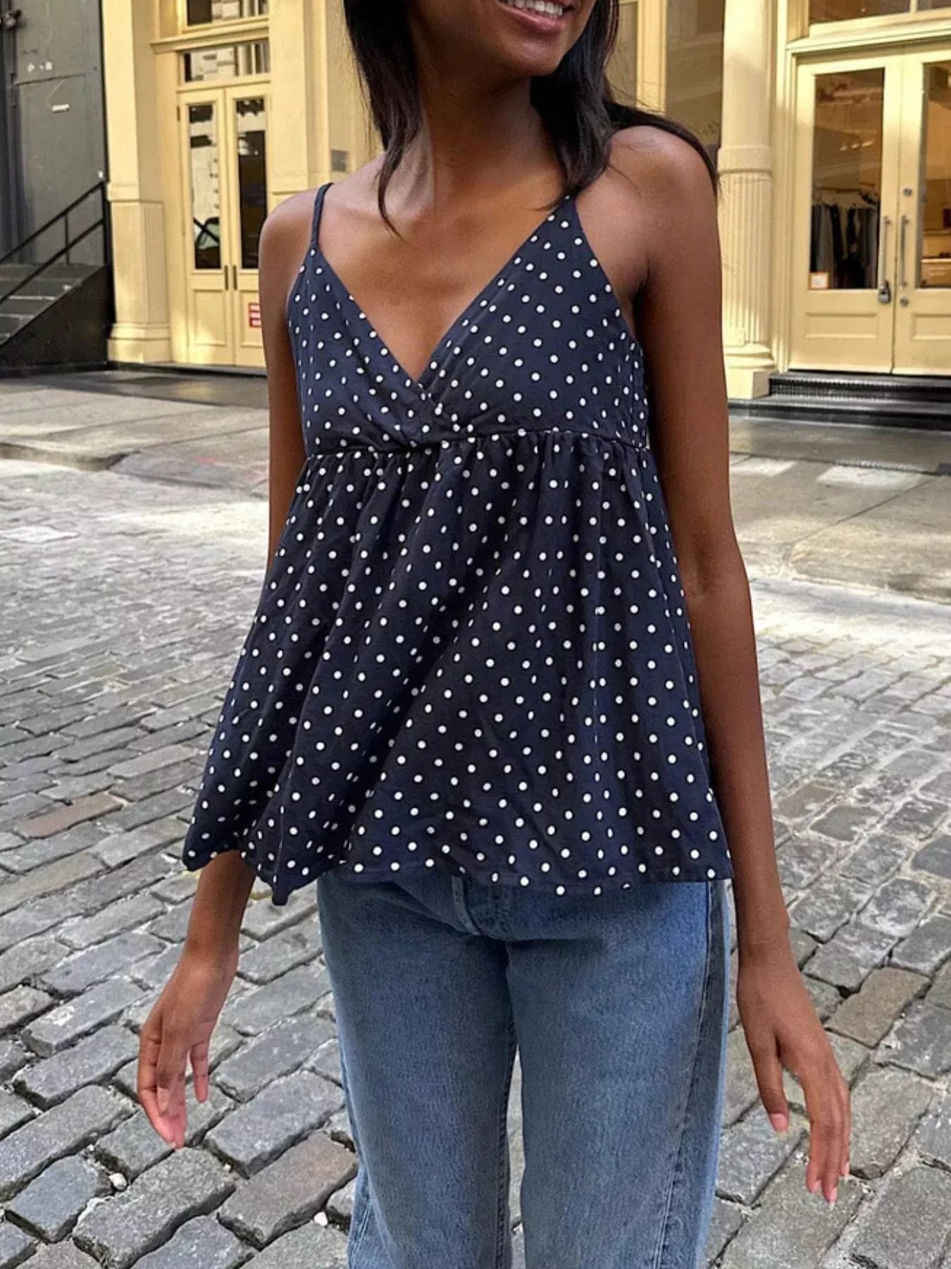 Polka Dot Flowy V Neck Cami Top