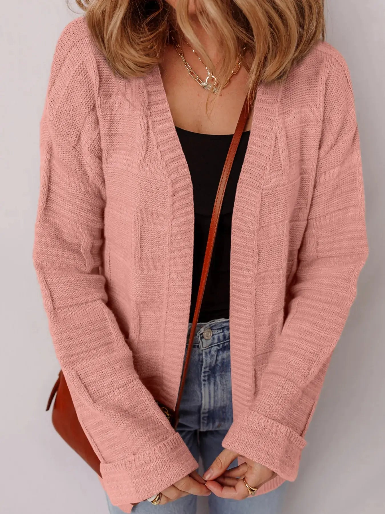 Textured Knit Open Front Cardigan with Pockets