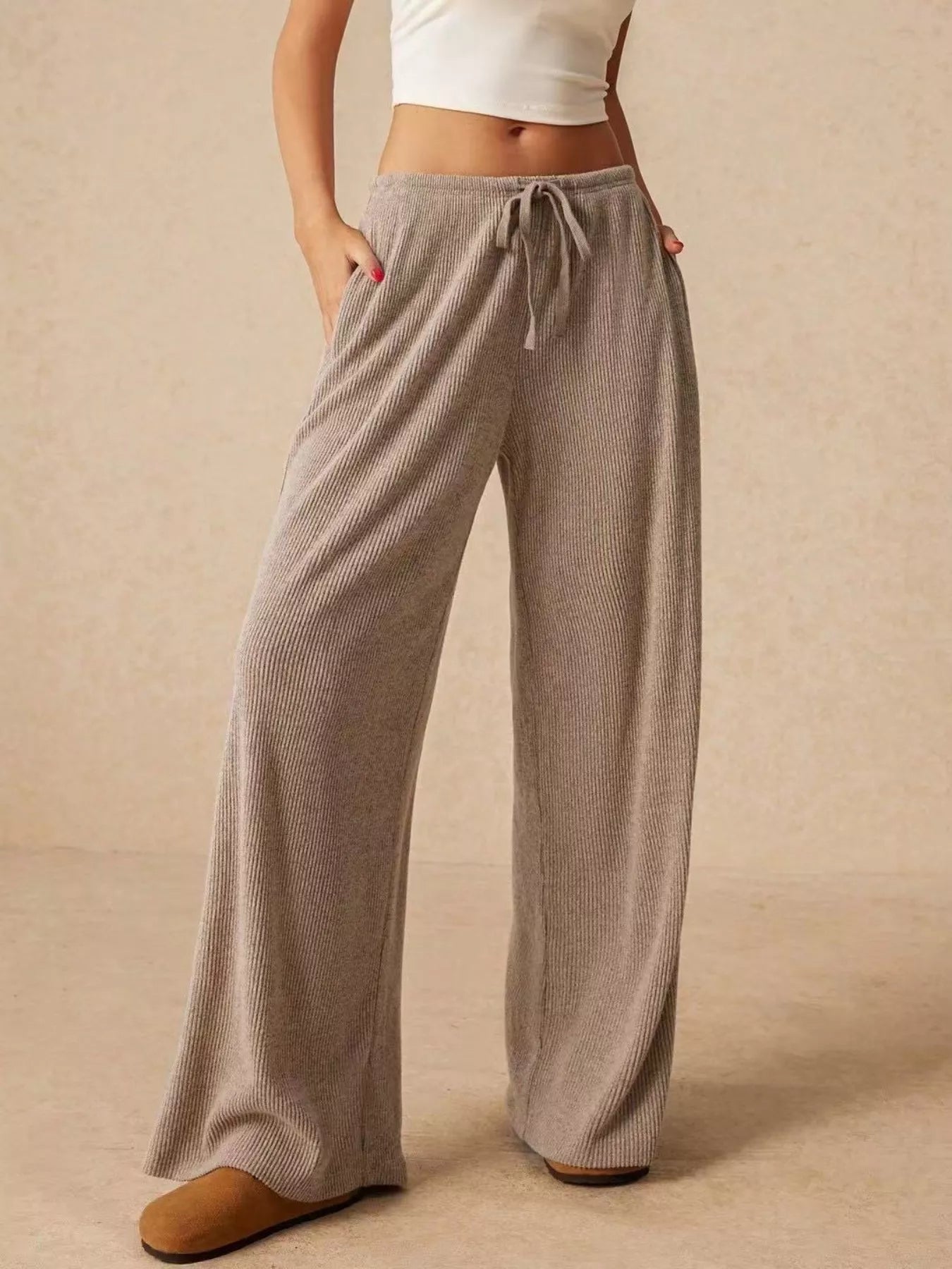 Ribbed Drawstring Wide Leg Pants