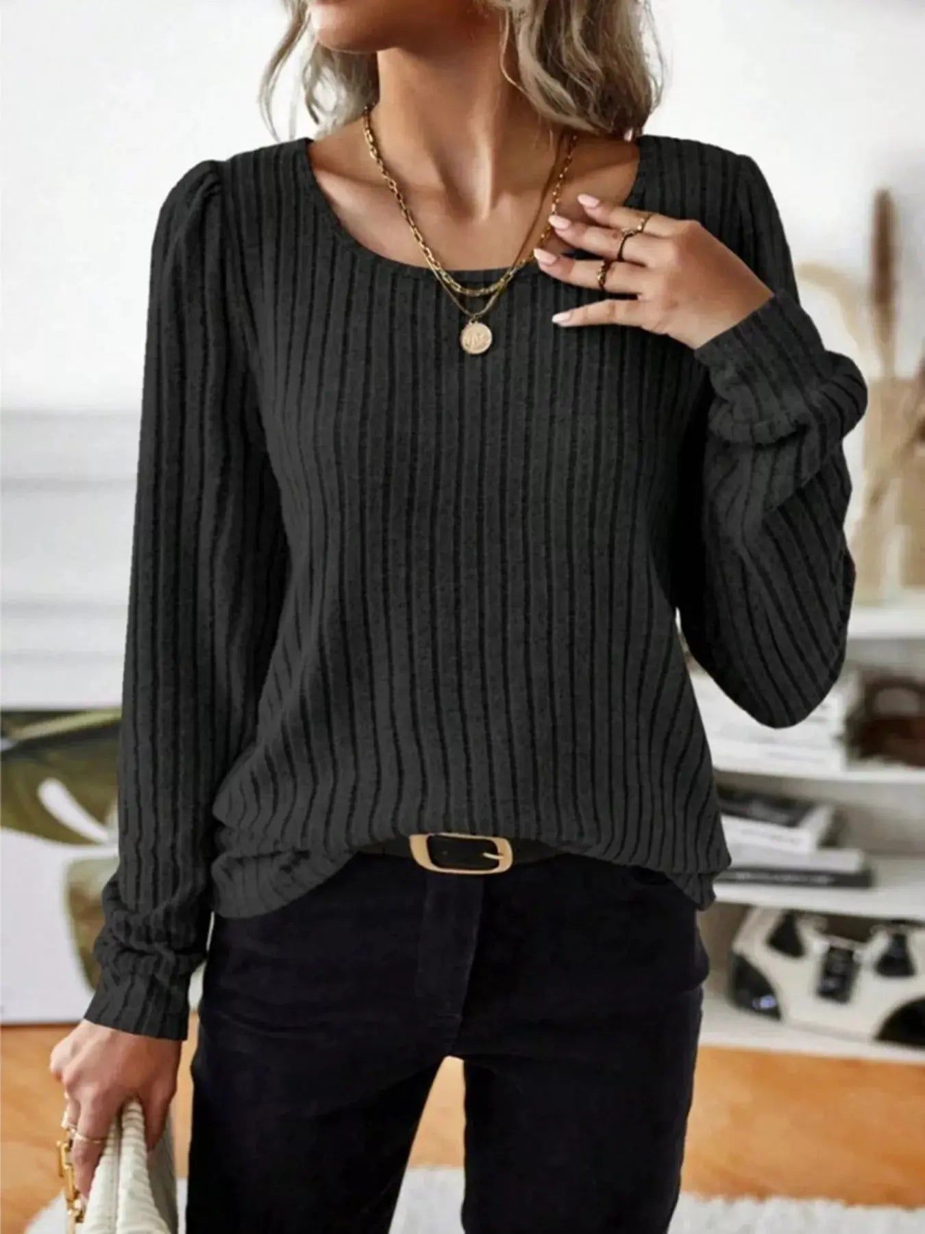 Ribbed Knit Long Sleeve T Shirt
