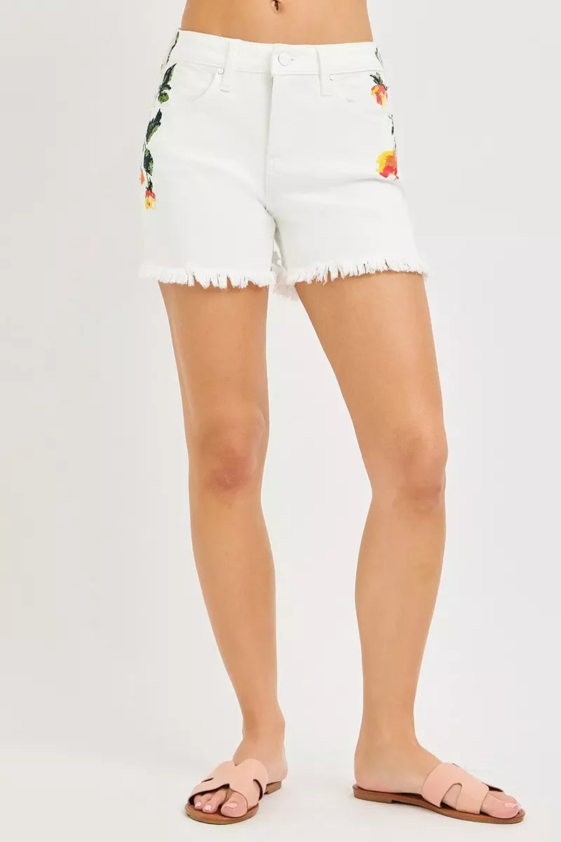 RISEN Tummy Control White High Rise Flower Printed Shorts