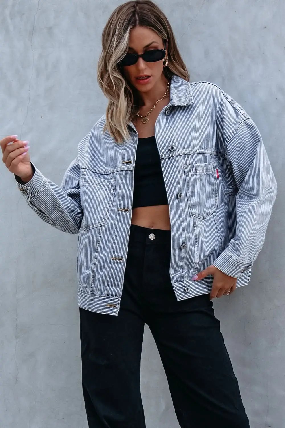 Shirts Love Salve Sky Blue Denim Jacket Women's Casual Oversized Pocketed Vintage