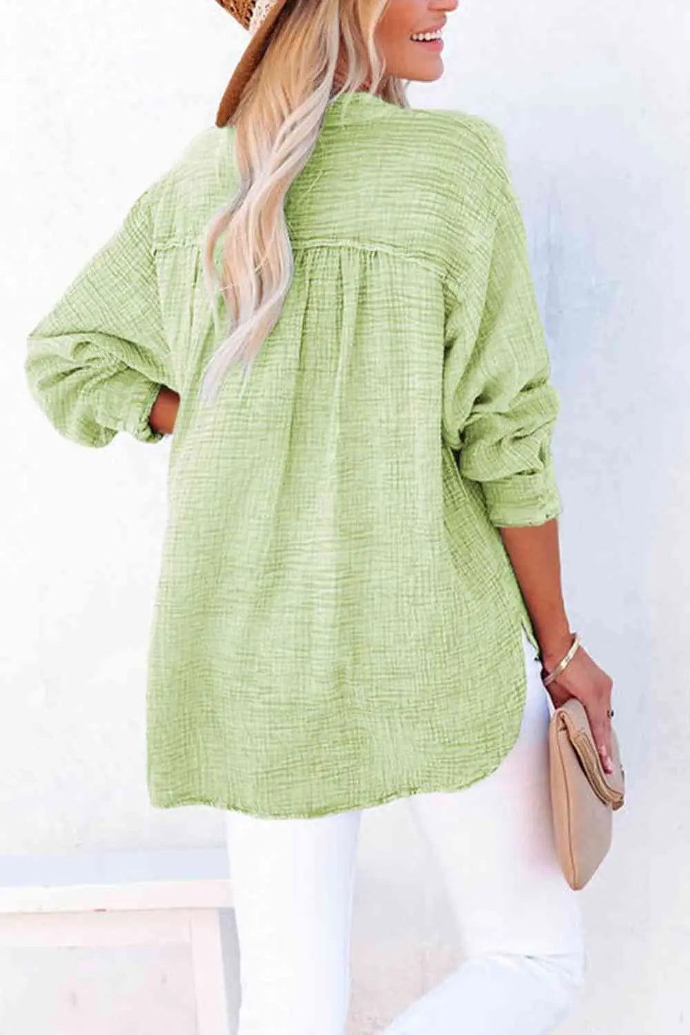 Women's Textured Cotton Buttoned Long Sleeve Blouse
