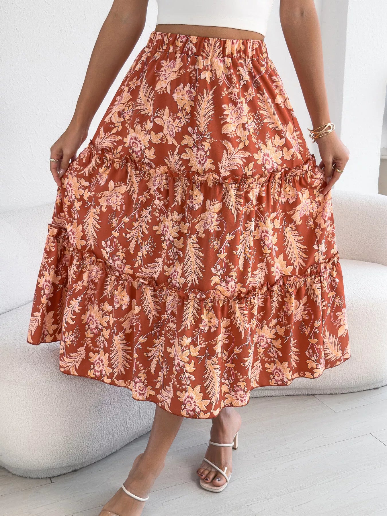 Floral Print Ruffle Hem Flowy Midi Skirt
