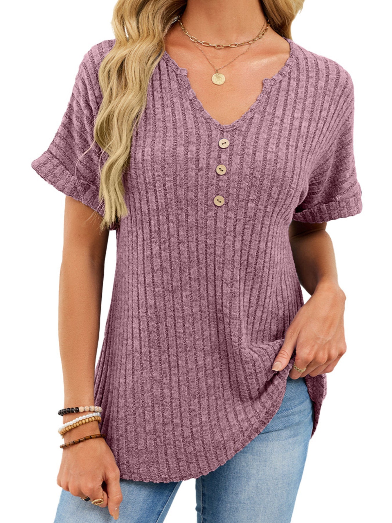Women's Ribbed Knit Button V Neck Short Sleeve T Shirt