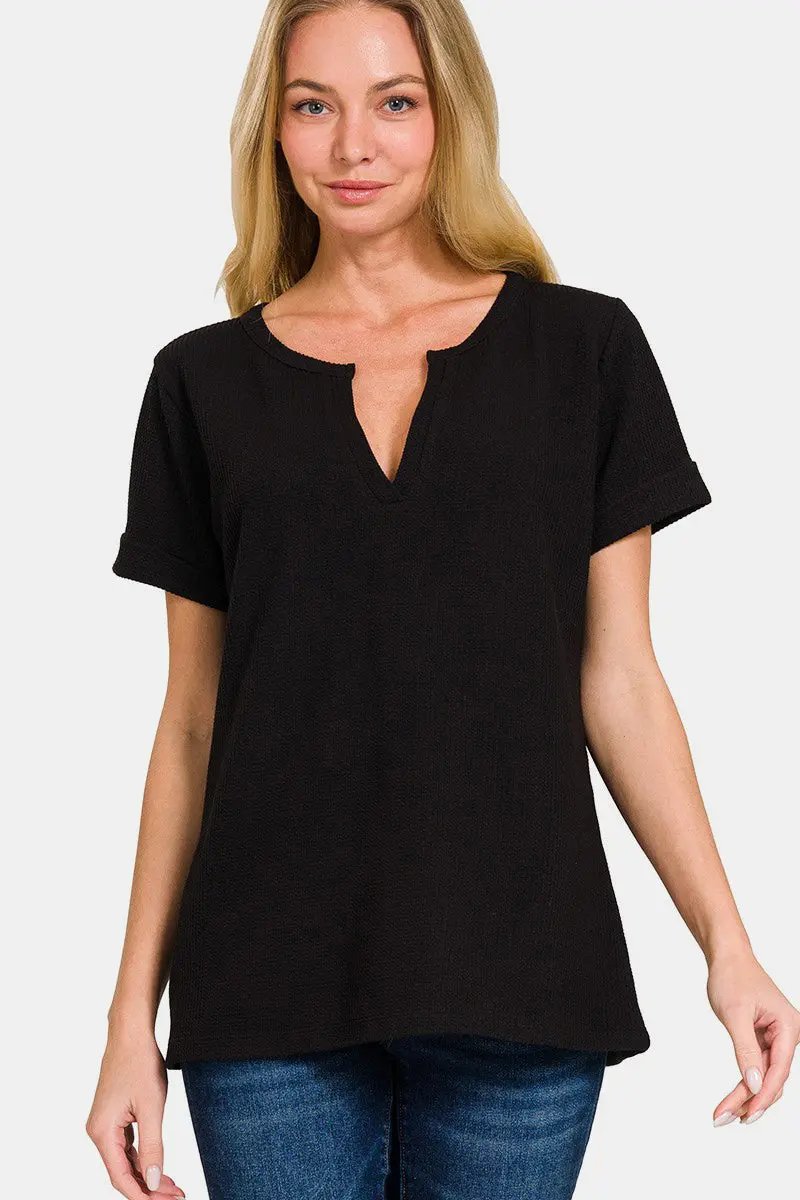 Trendsi Women's Notched Short Sleeve Tee — Casual Comfort Top