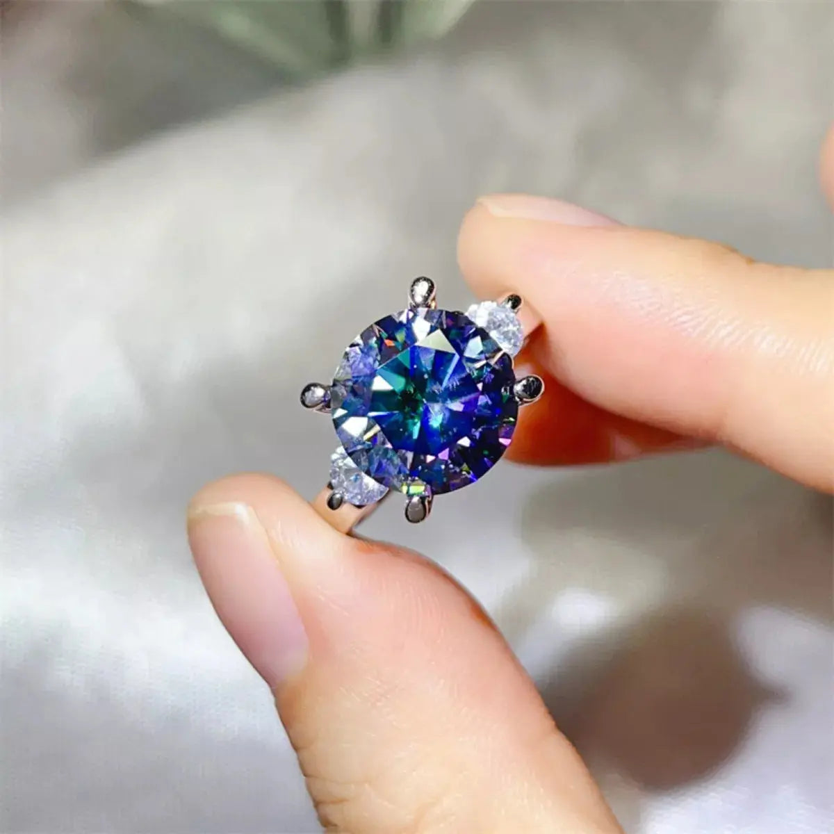 925 Sterling Silver Sapphire Blue 5 Carat Moissanite Ring