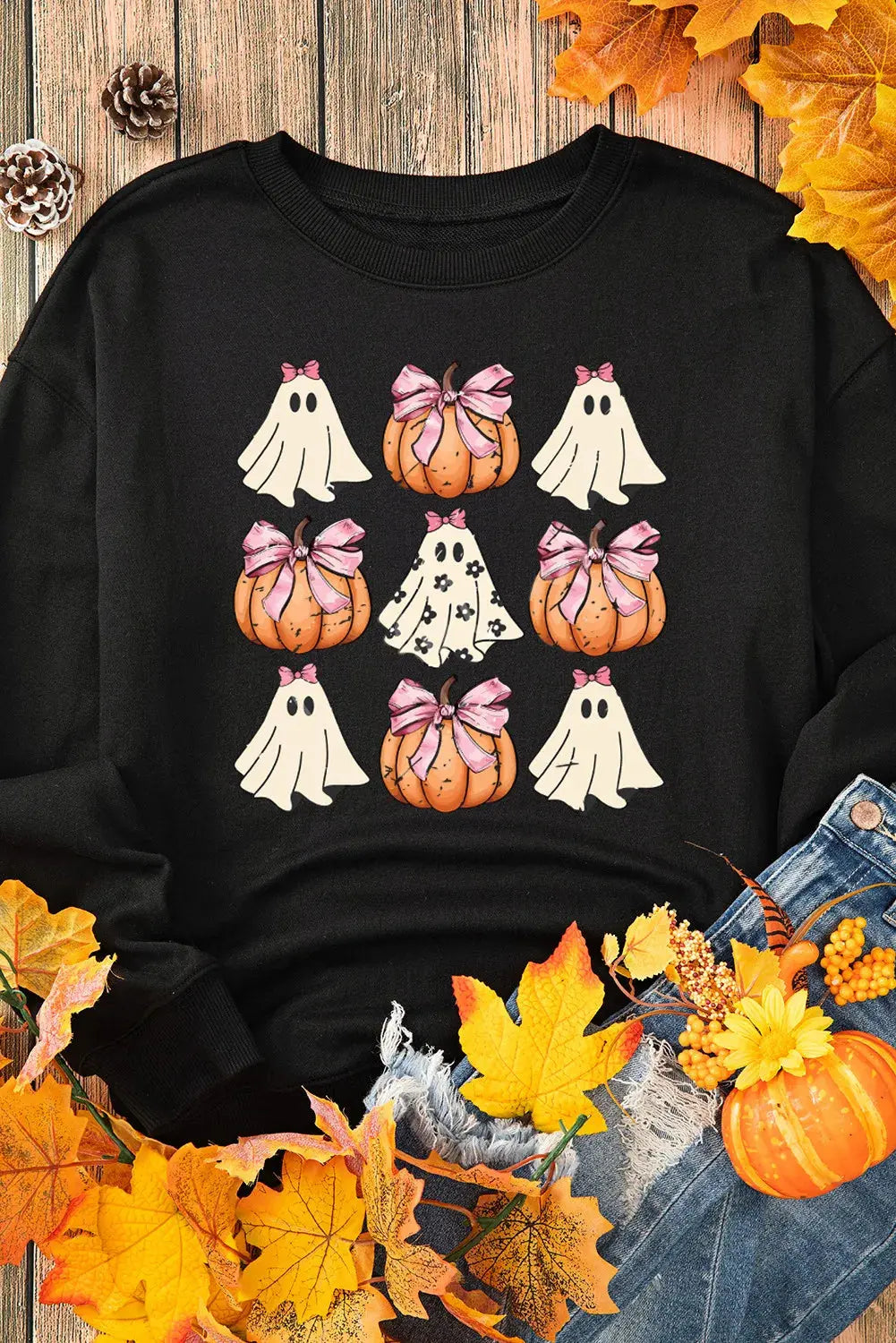 Black Pumpkin & Ghost Round Neck Long Sleeve Halloween Sweatshirt