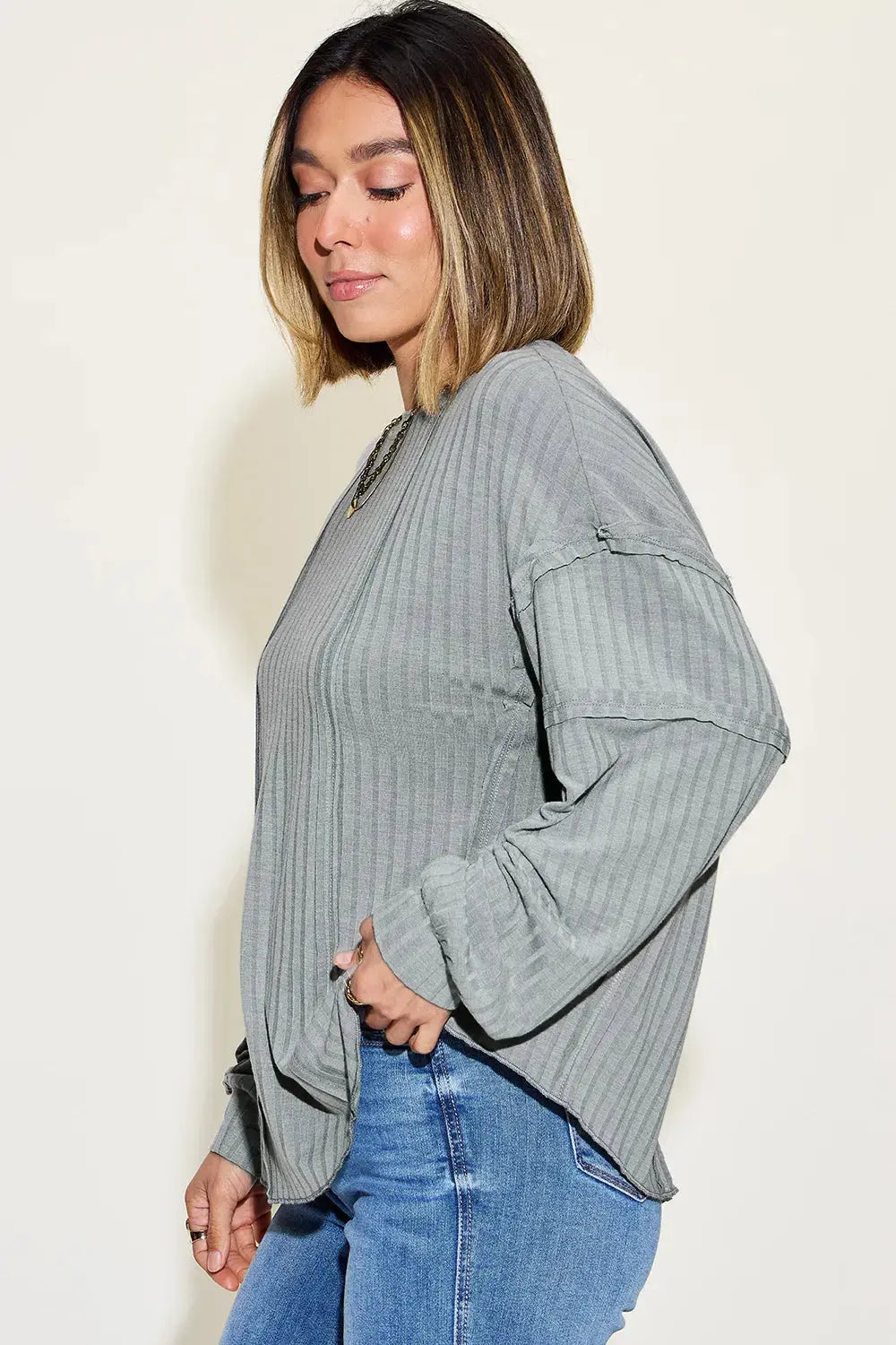 Basic Bae Full Size Round Neck Ribbed Long Sleeve T Shirt