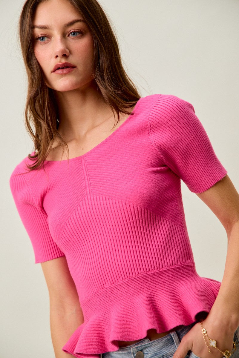Hot Pink Ribbed Knit Short Sleeves Peplum Sweater Top