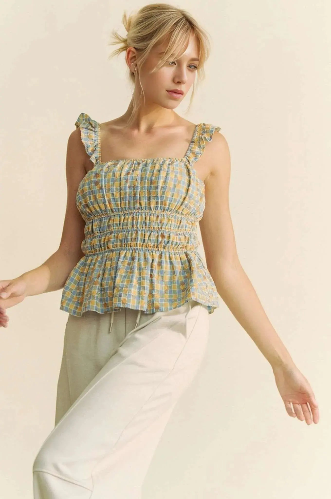 Women's Tank Top Tank Top - Plaid Smocked Ruffle Strap - Cute