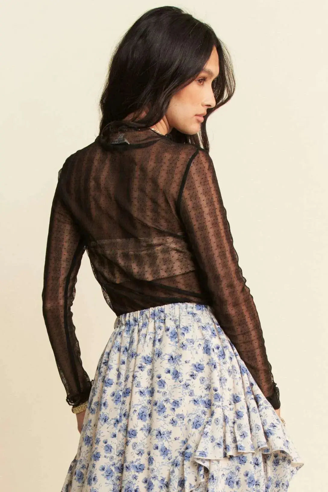 Trendsi Strappy Lingerie Mesh Top - Lace Turtle Neck