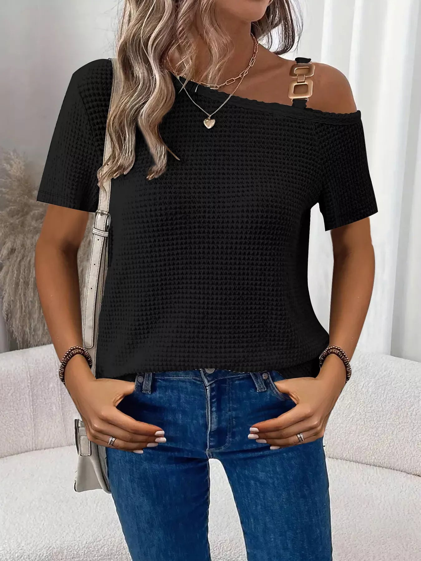 Chain Detail Waffle Knit One Shoulder T Shirt