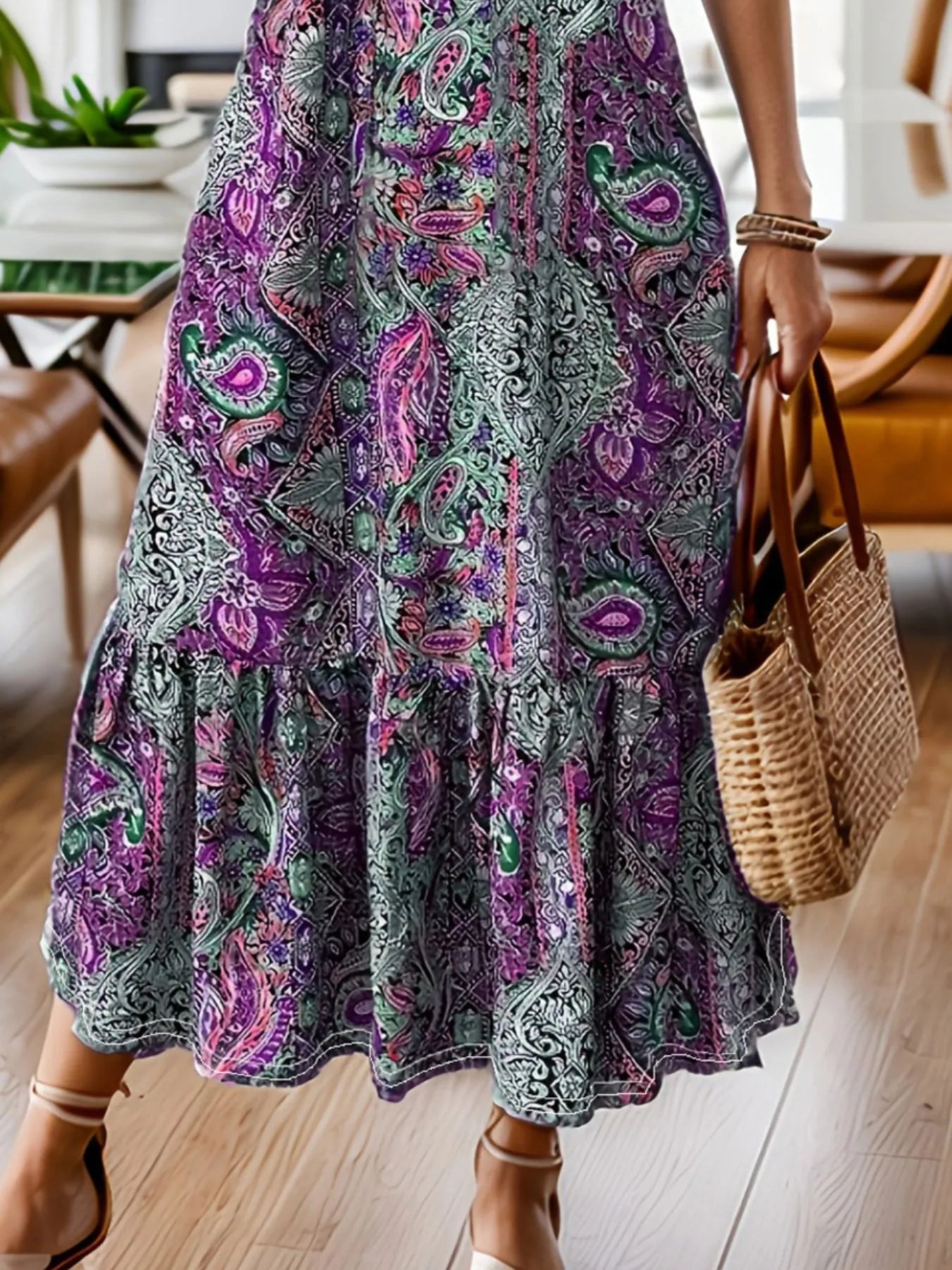 Bohemian Paisley Print Ruffle Hem Midi Dress