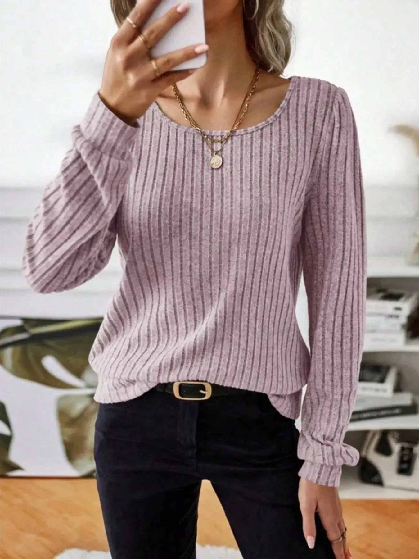 Ribbed Knit Long Sleeve T Shirt