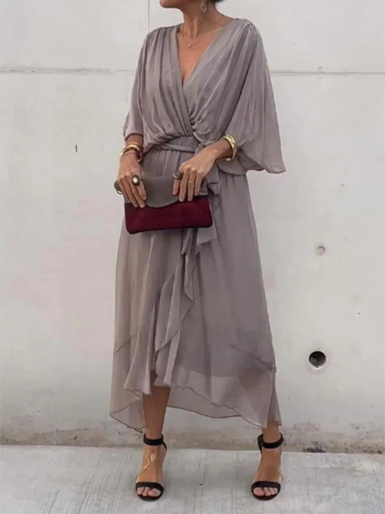 Flowy Tie Front Midi Dress with Flutter Sleeves