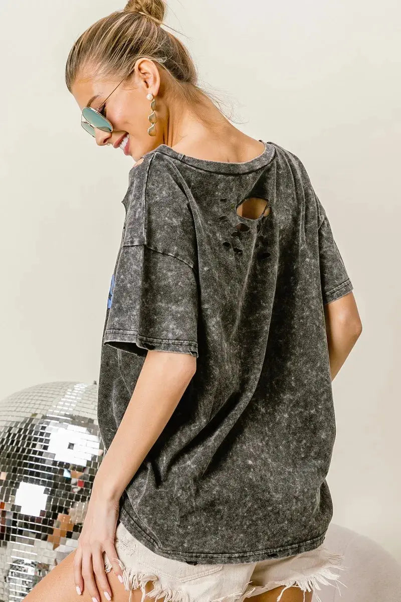 Women's Graphic T-Shirt Women's Tee - Laser Cut Patriotic Lip Print - Mineral Wash Graphic