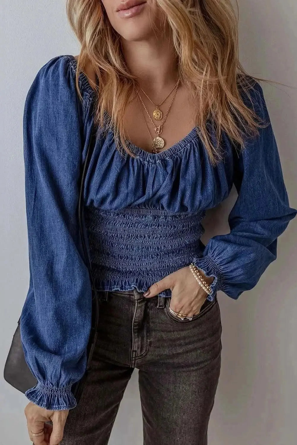 Trendsi Smocked Denim Top Long Sleeve Cotton Blend — Women's Casual