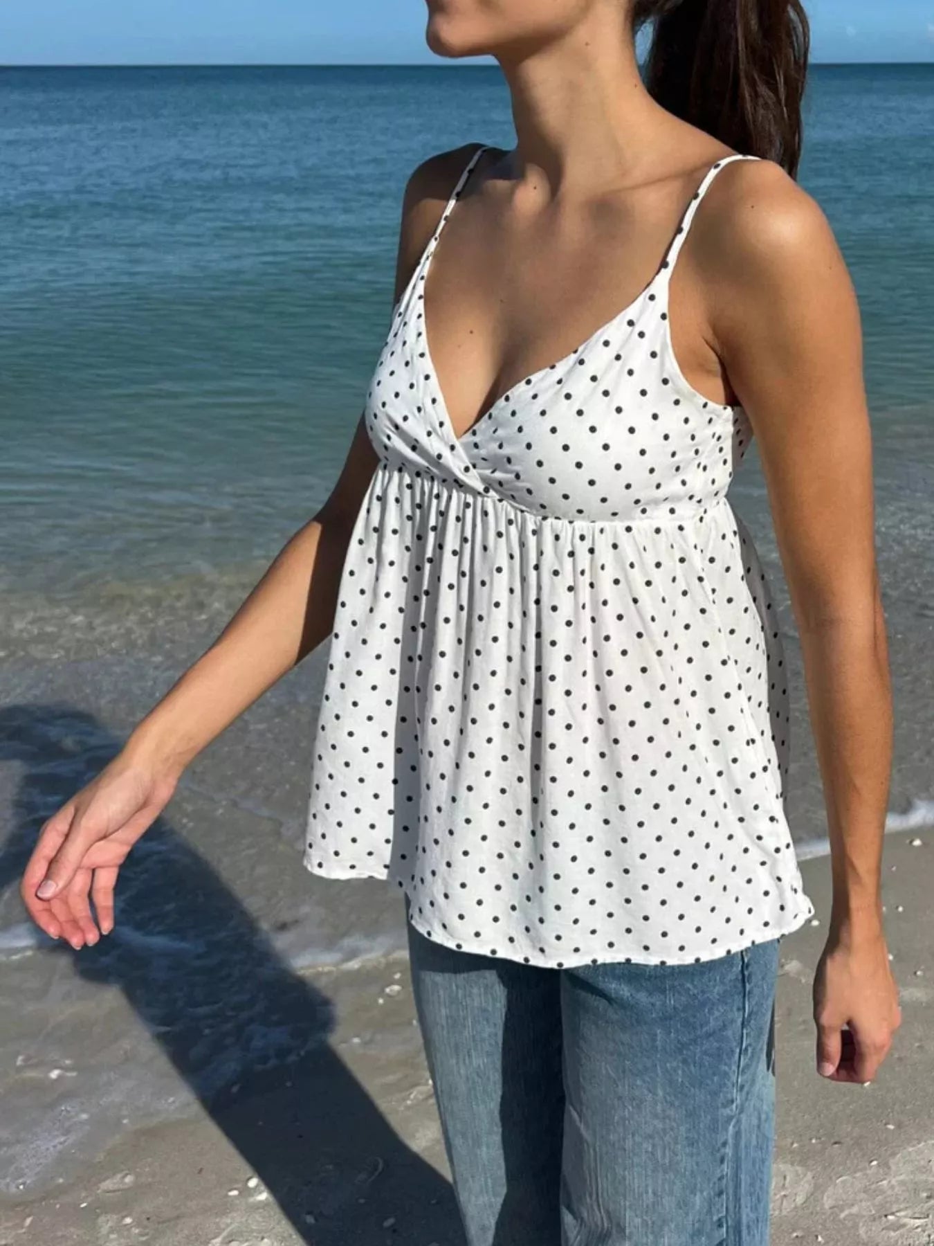 Polka Dot Flowy V Neck Cami Top