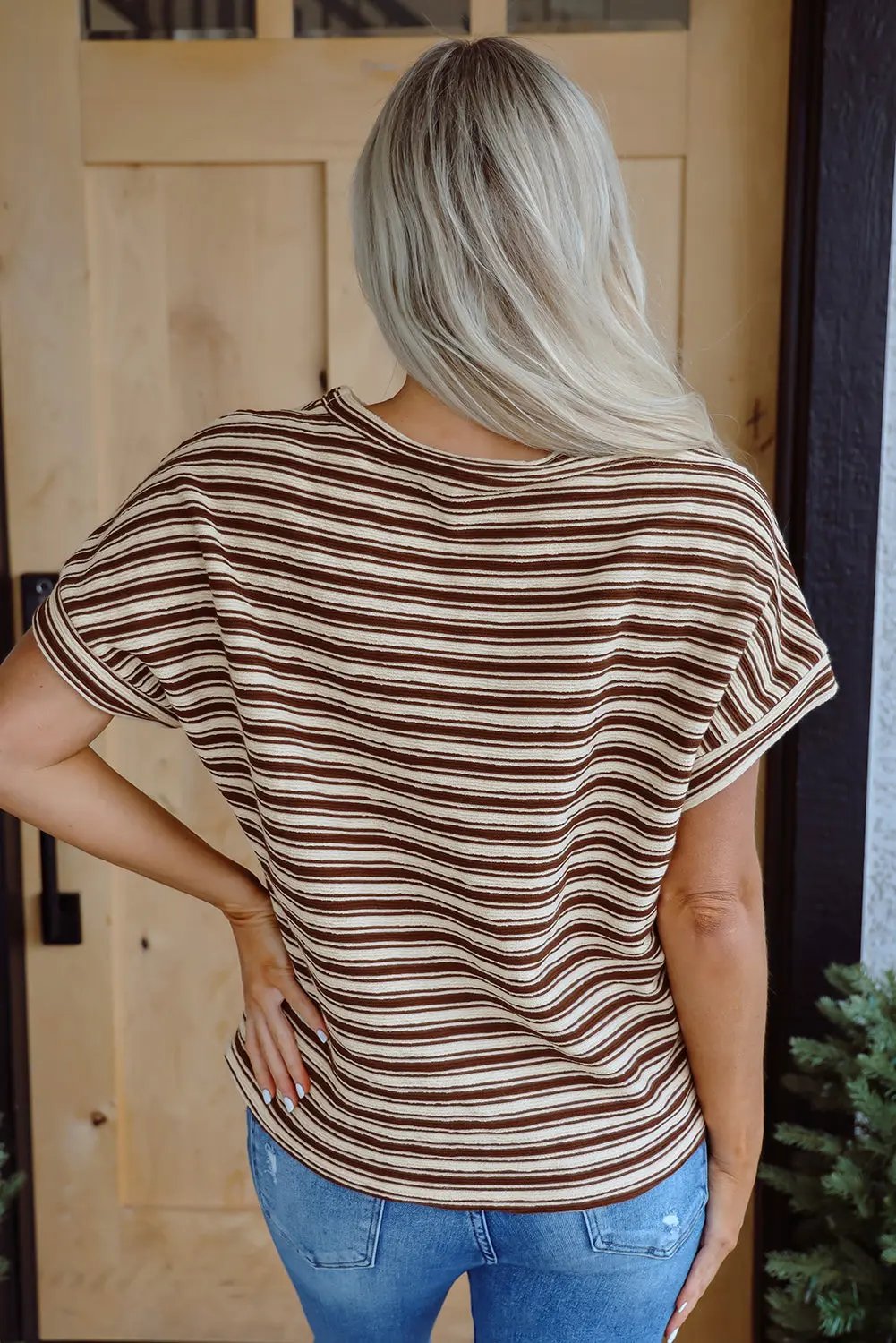 T-Shirts Love Salve Brown Stripe Women's Textured Tee Casual Summer Top Side Slits