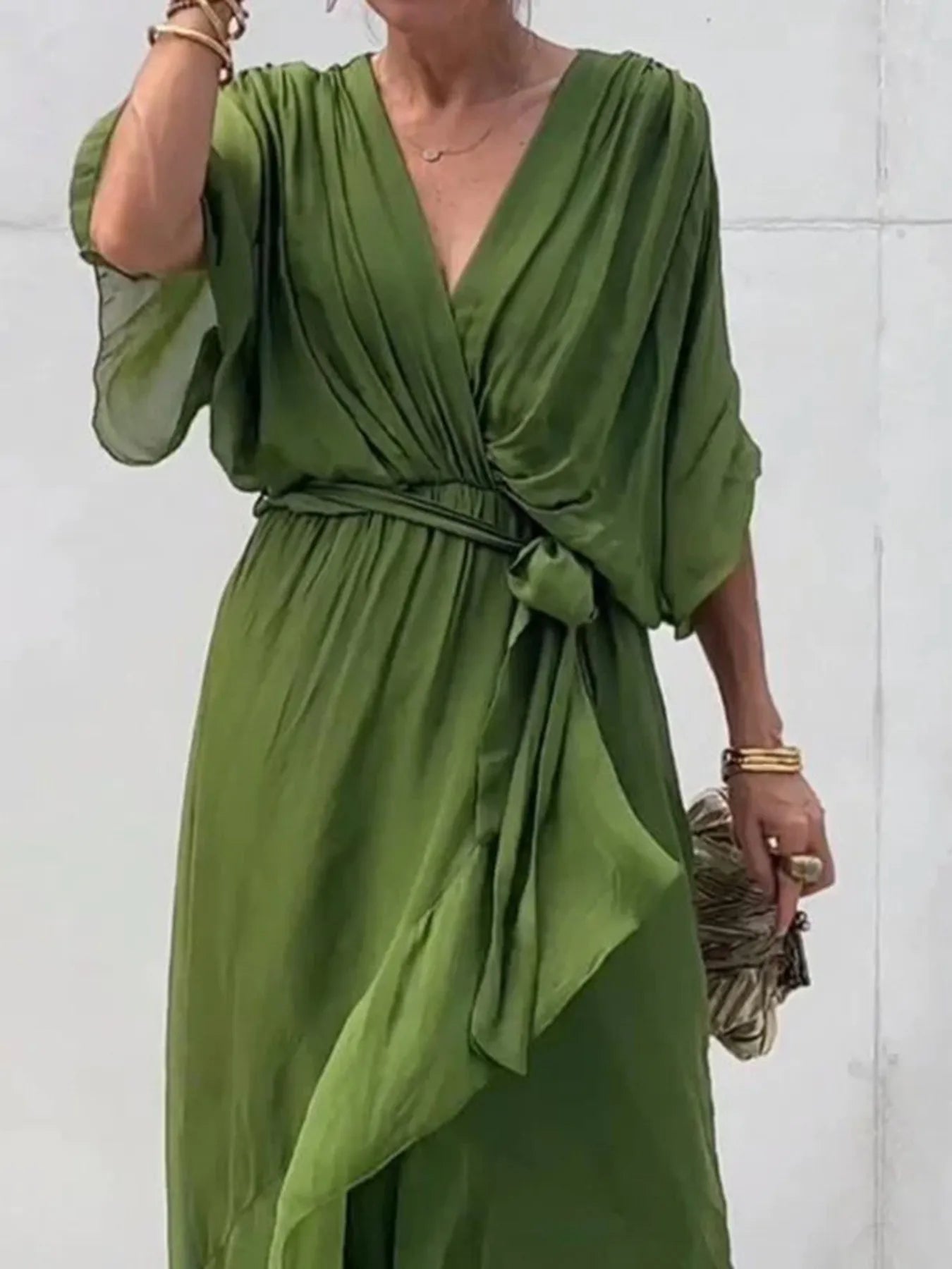 Flowy Tie Front Midi Dress with Flutter Sleeves