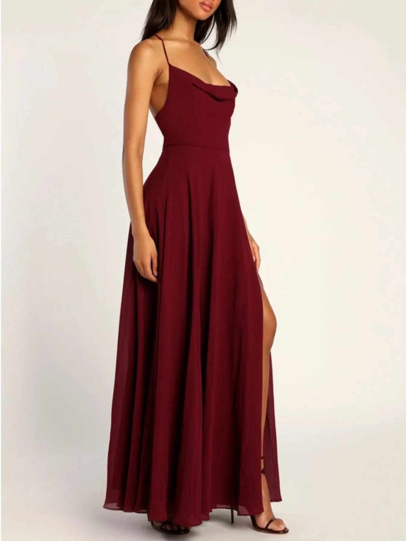 Backless Cowl Neck Lace-Up Slit Maxi Dress