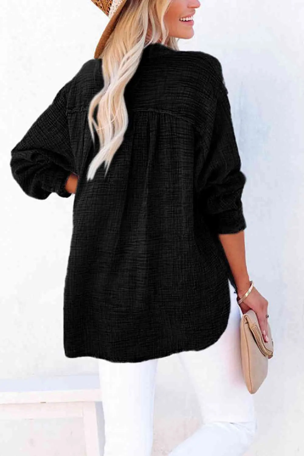 Women's Textured Cotton Buttoned Long Sleeve Blouse