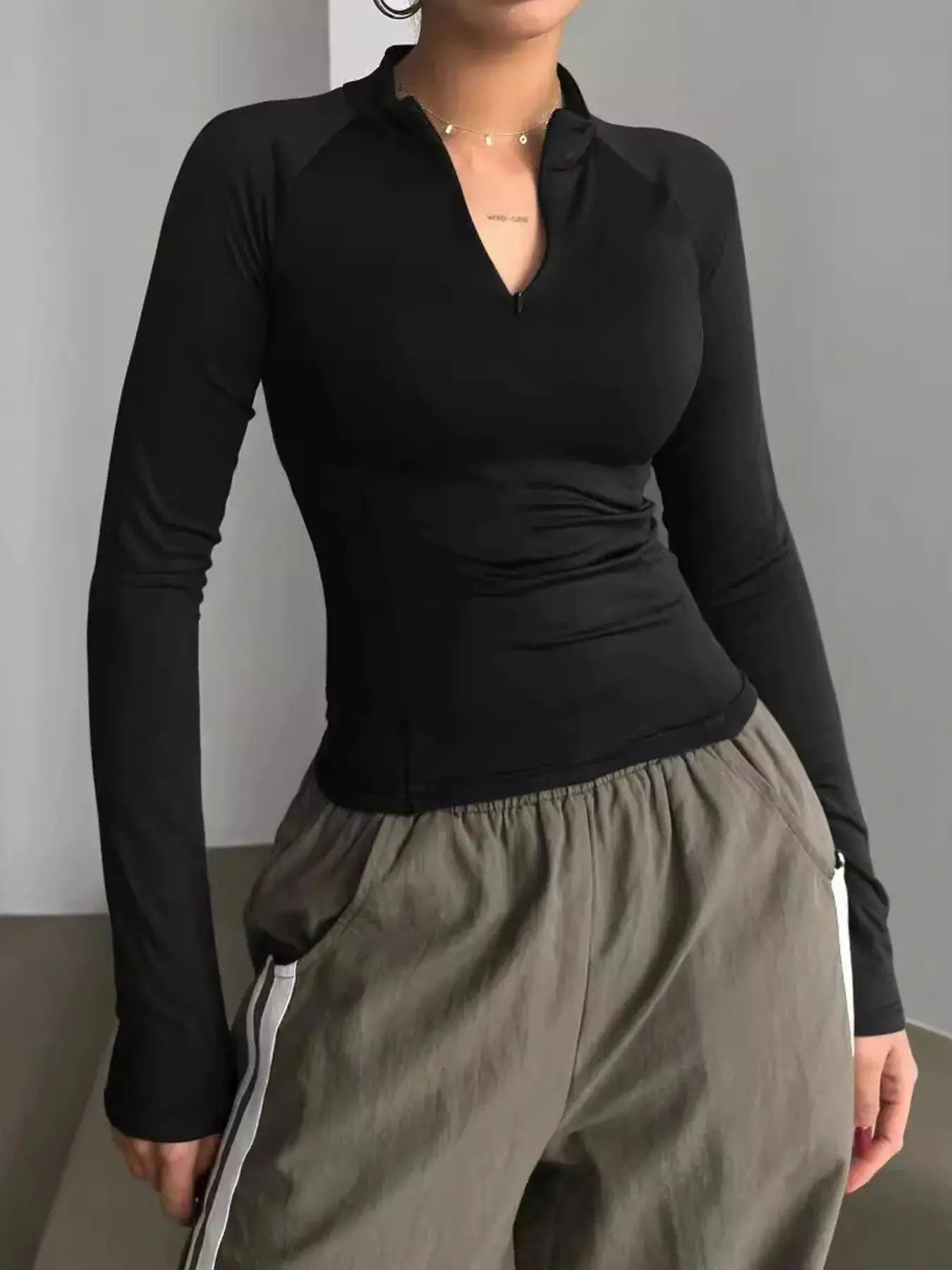 Zip Front Long Sleeve Fitted T Shirt