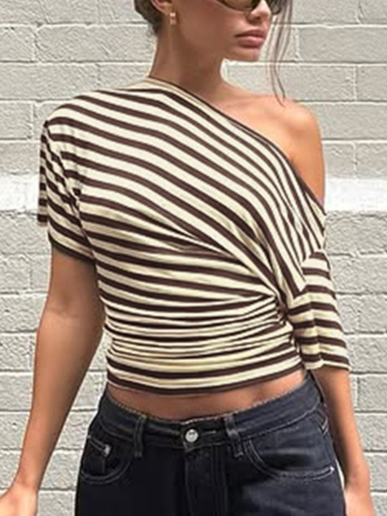 Striped One Shoulder T Shirt