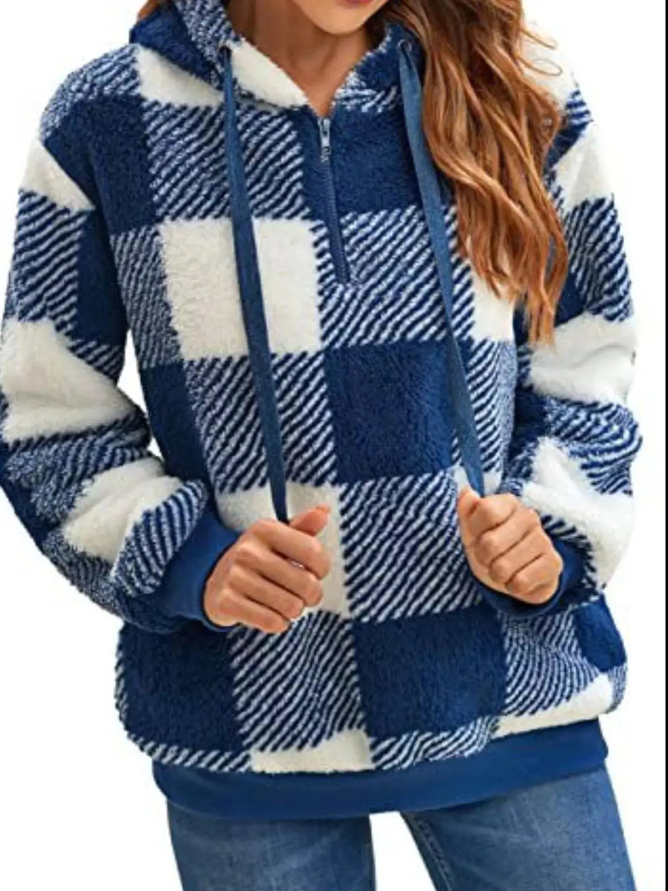 Plus Size Plaid Drawstring Sherpa Hoodie