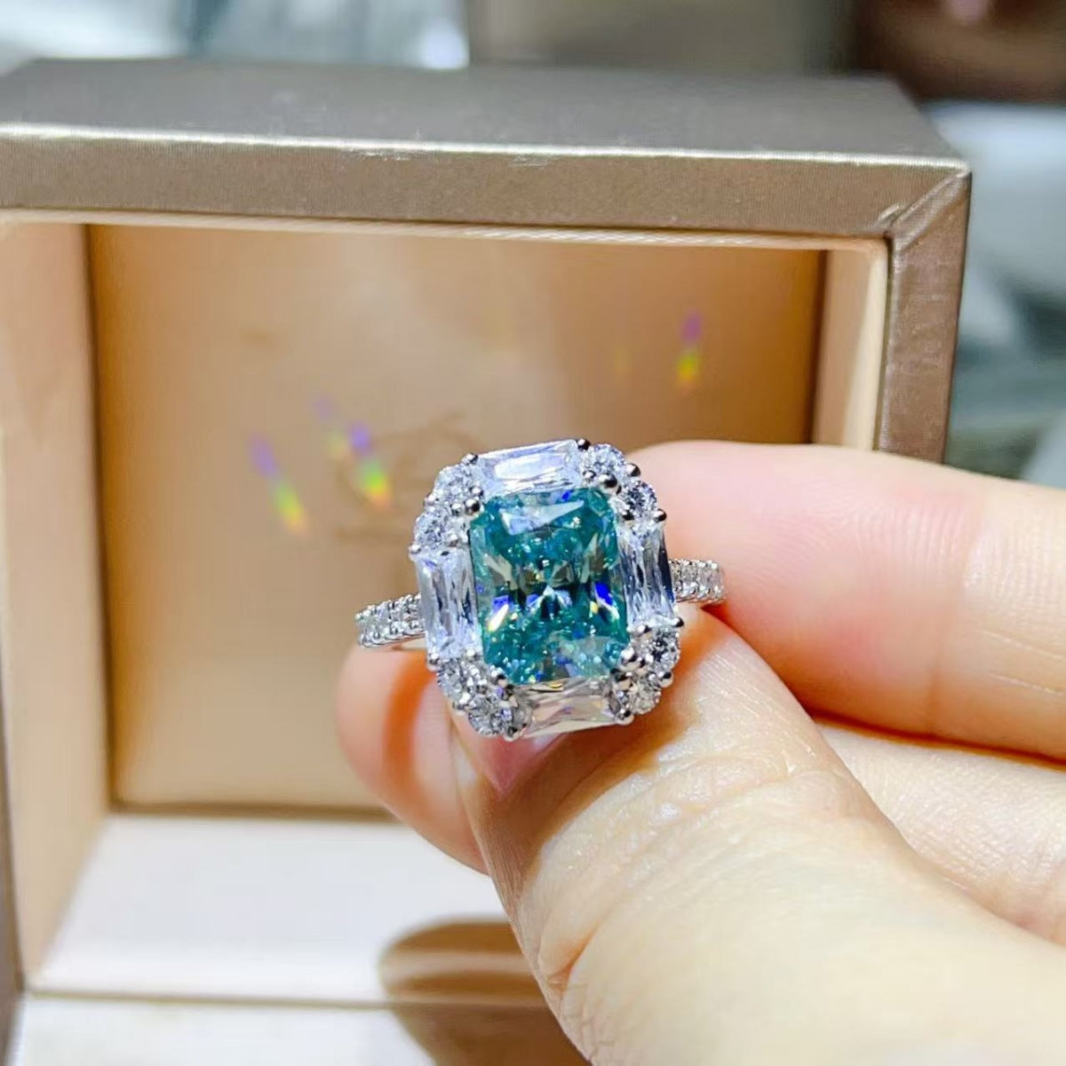 Blue 3 Carat Moissanite Ring 925 Sterling Silver