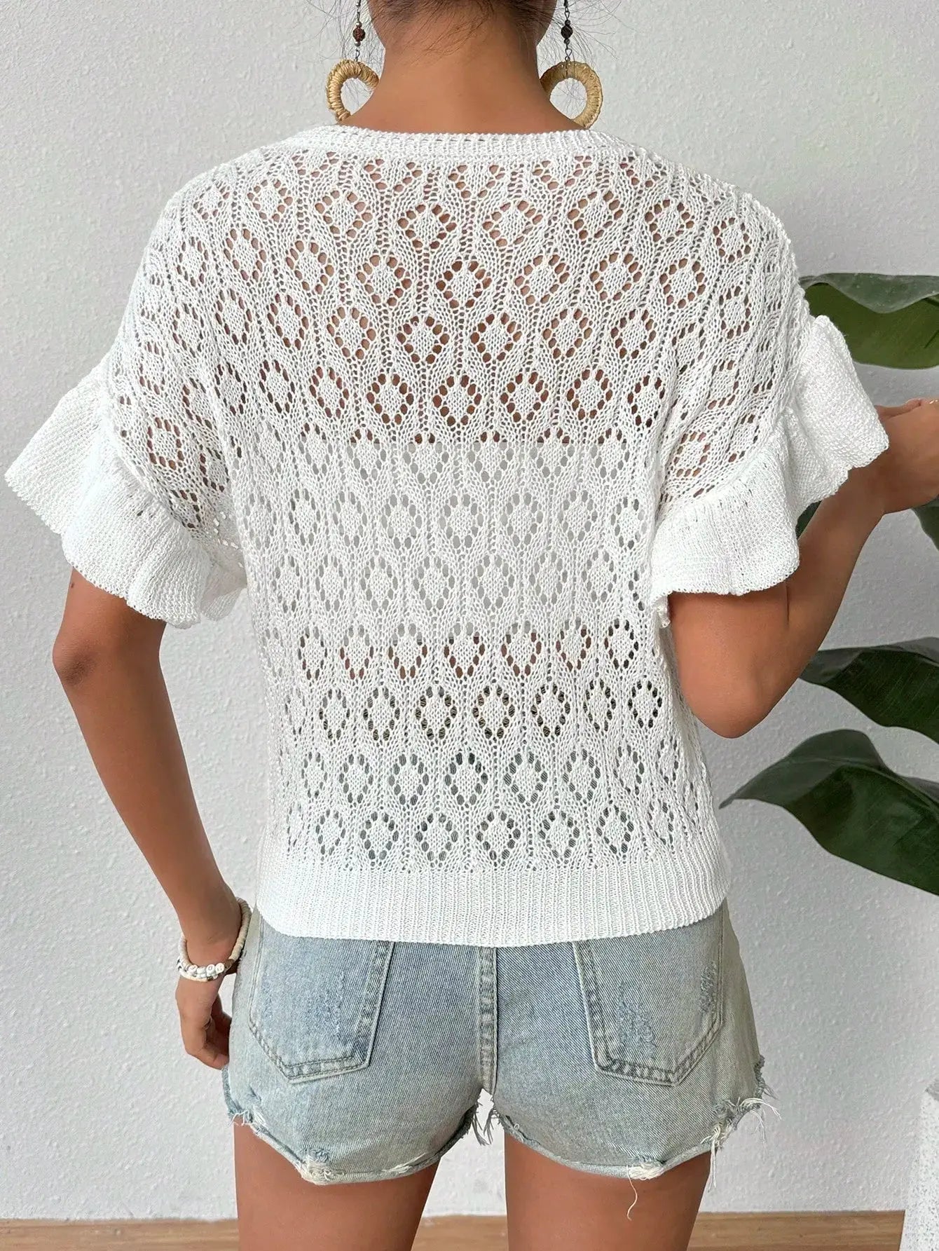 Ruffled Openwork Knit Short Sleeve Top – Sheer Lightweight Layer