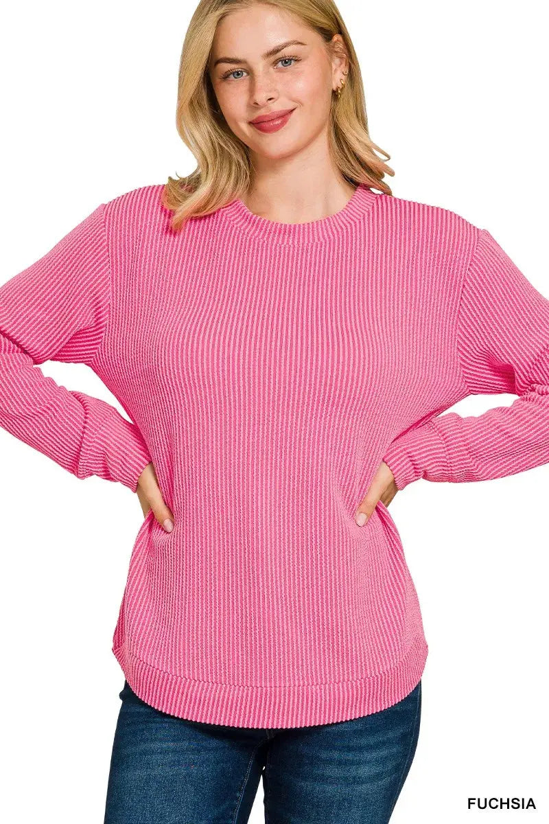 Zenana Plus Size Raised Rib Round Neck Long Sleeve Top