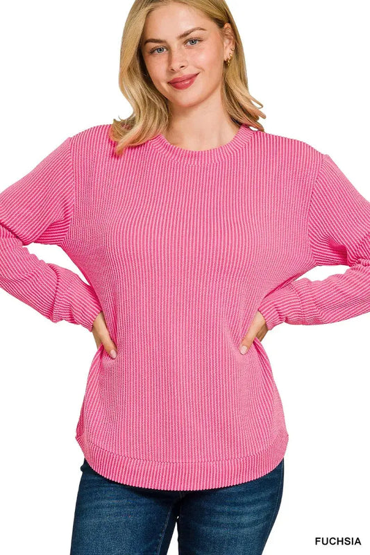 Zenana Plus Size Raised Rib Round Neck Long Sleeve Top