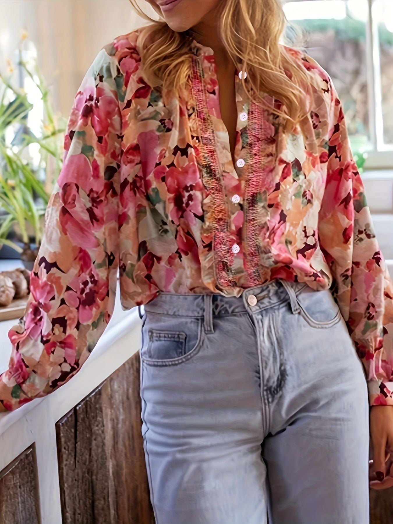 Women's Floral Print Frill Trim Shirt