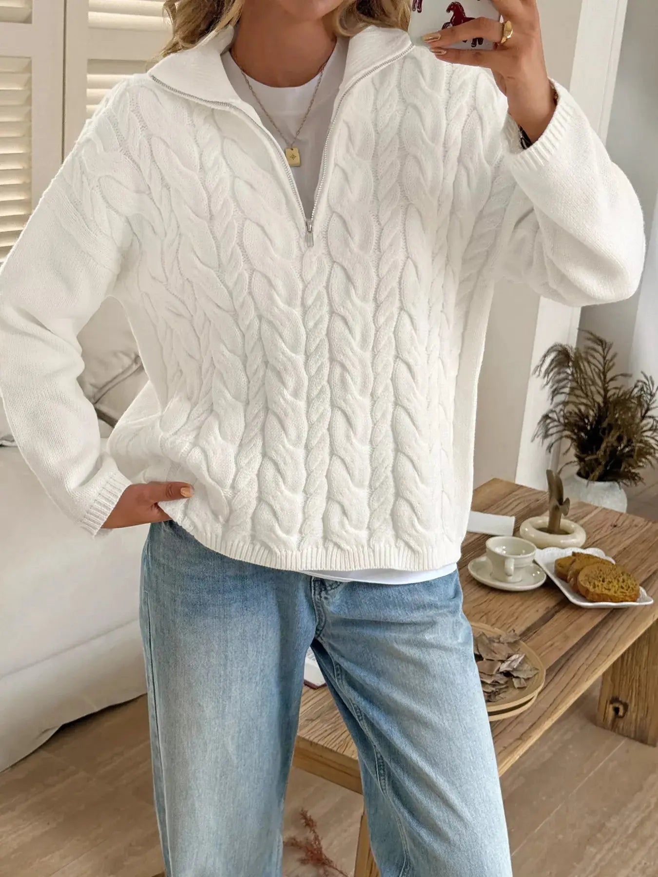 Zip Collar Cable Knit Sweater