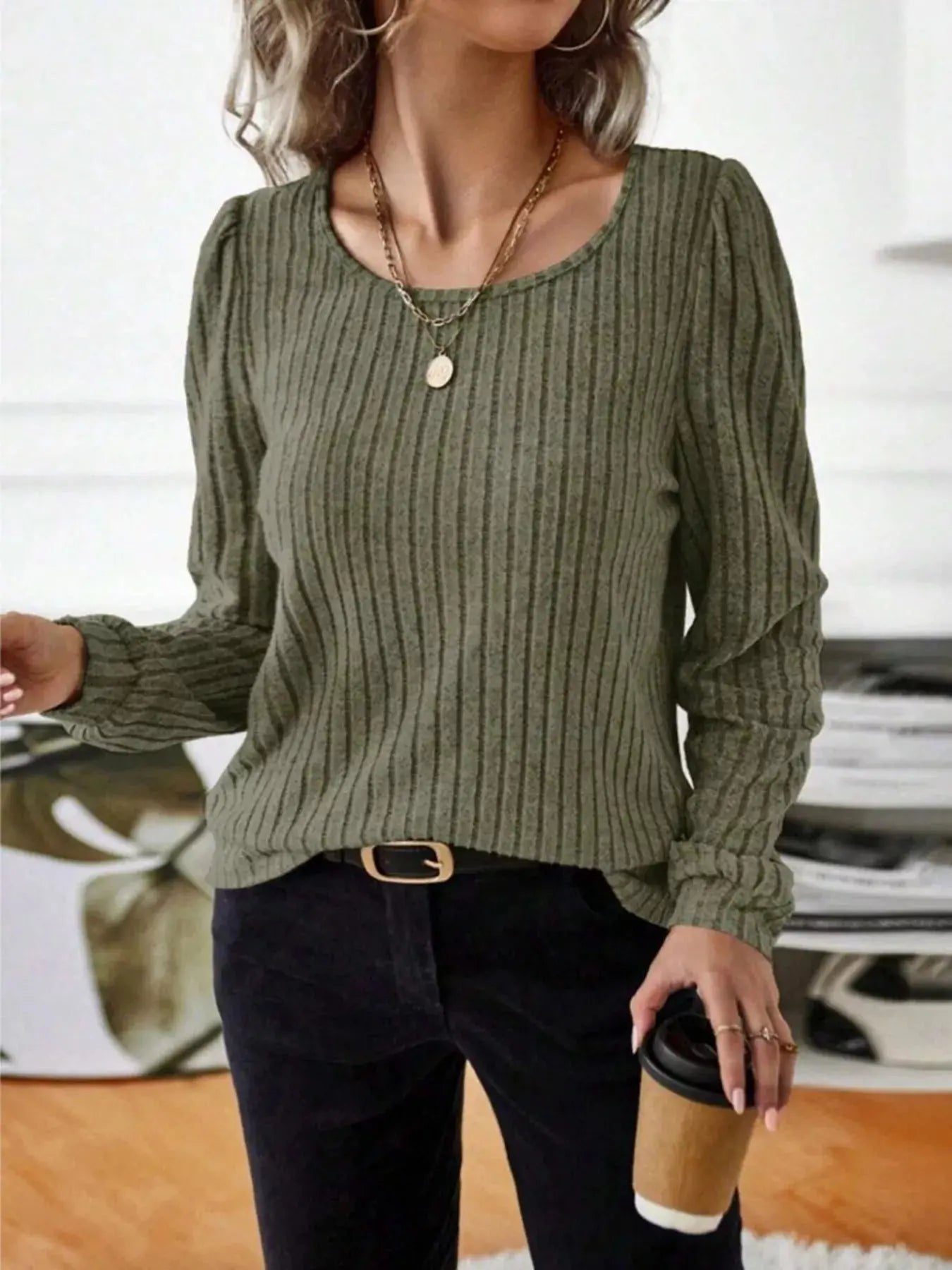 Ribbed Knit Long Sleeve T Shirt