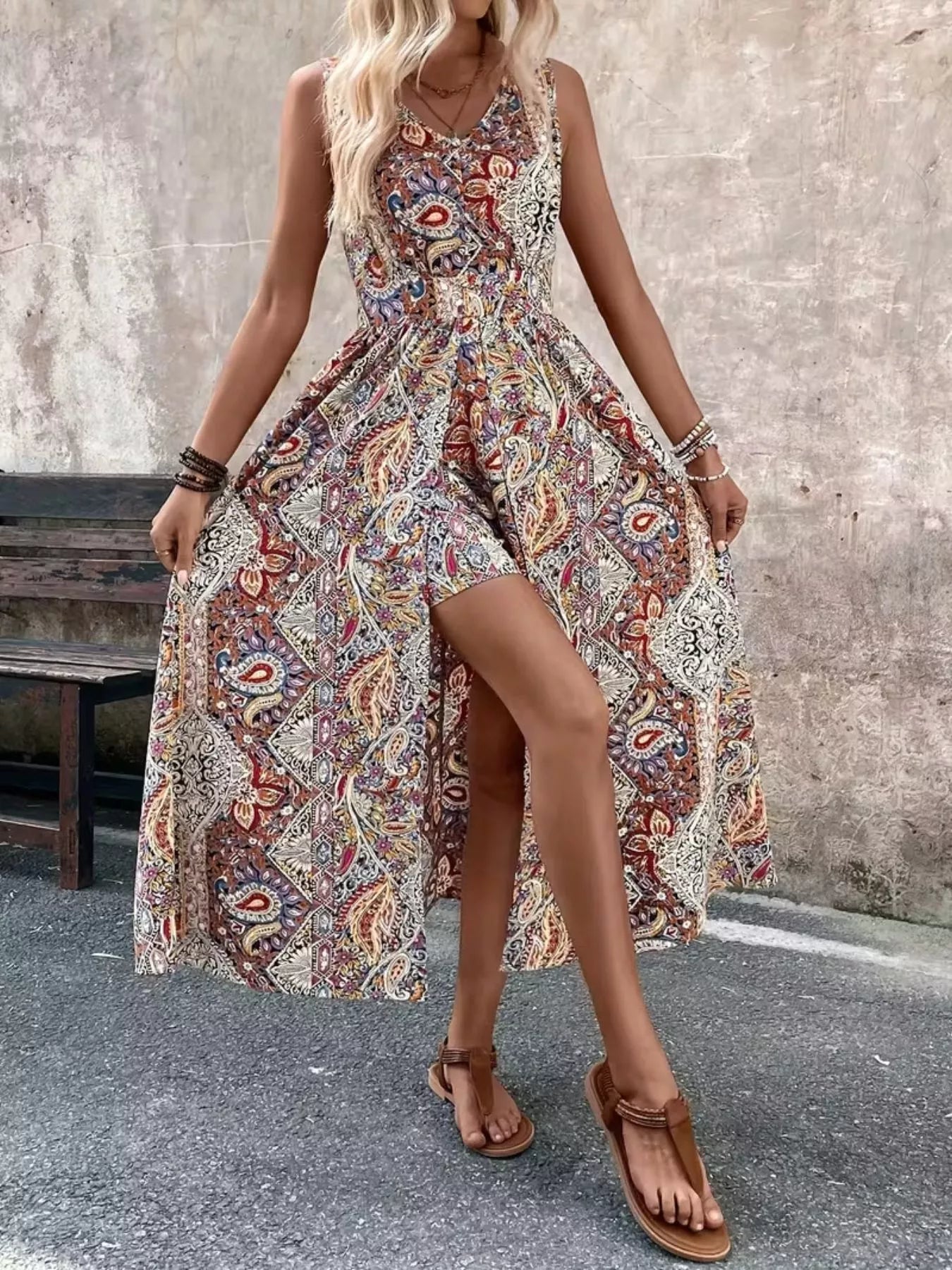Paisley Print Sleeveless Romper with Long Top