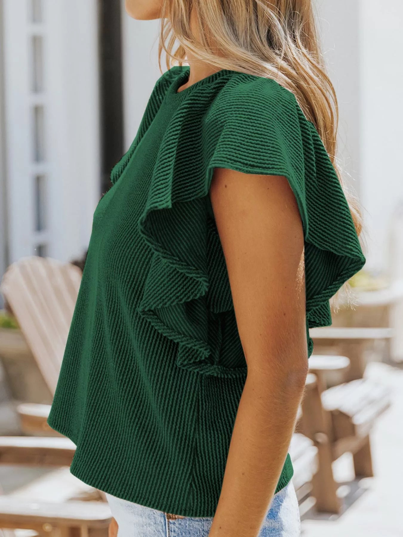 Full Size Ruffled Sleeve Ribbed Knit T Shirt