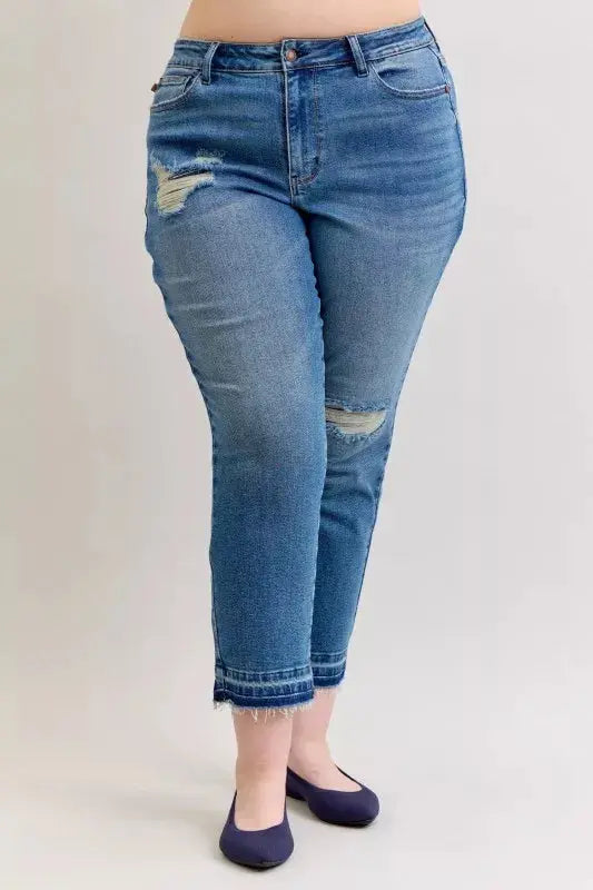Judy Blue Jeans - Plus Size Mid Rise Boyfriend Destroy Jeans with Release Hem