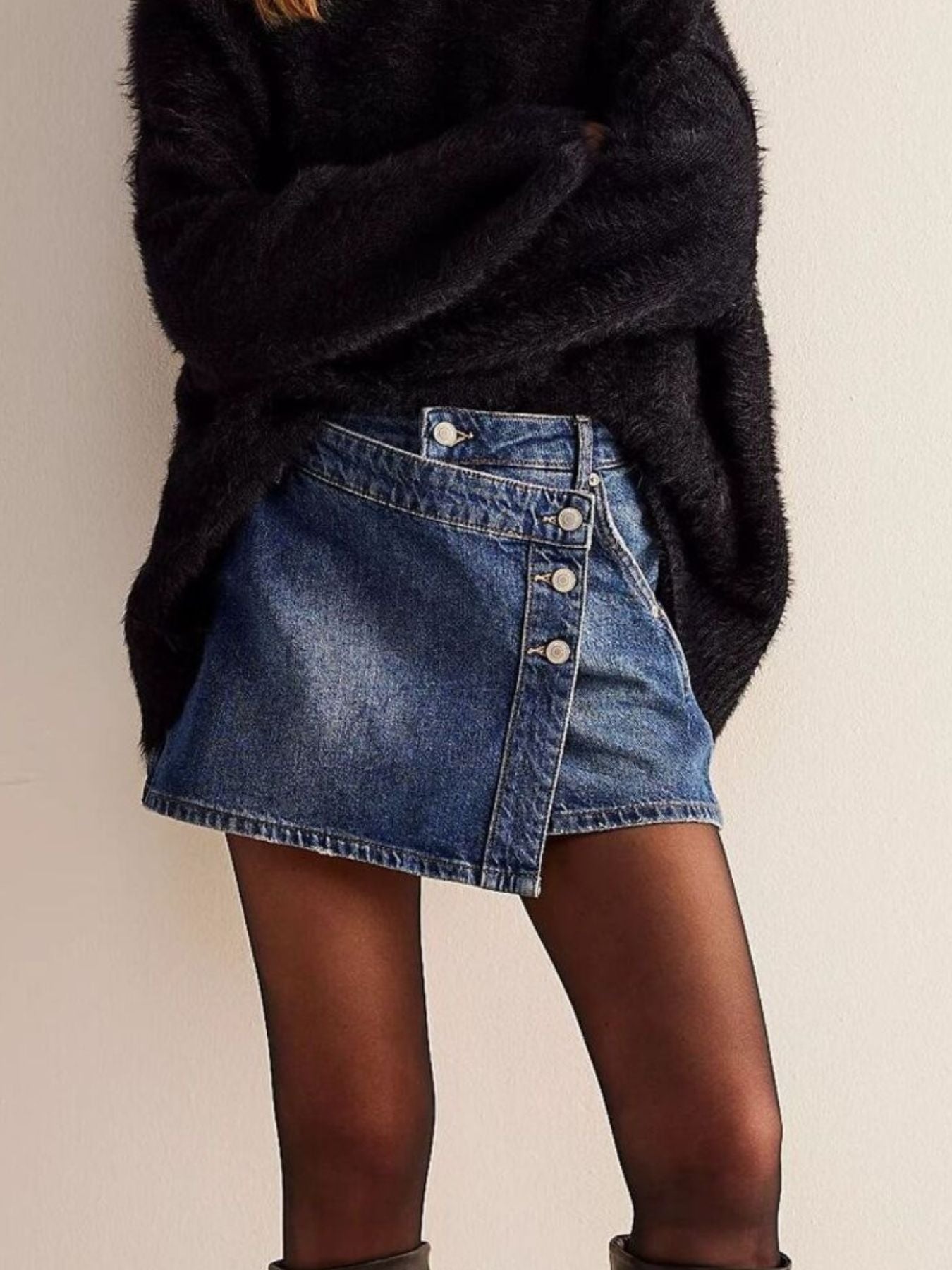 Asymmetrical Button Front Denim Skort