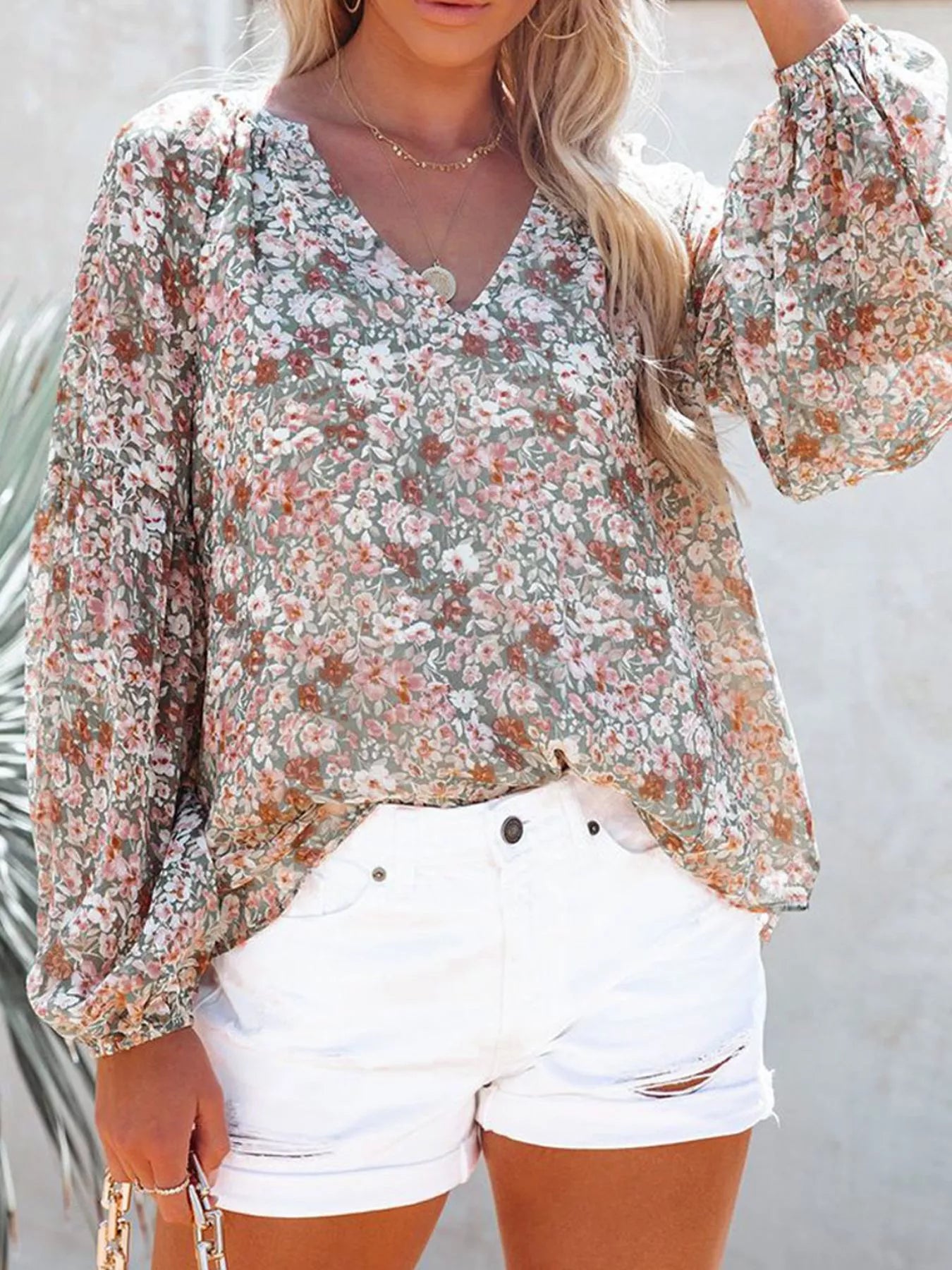 Full Size Floral Print V Neck Long Sleeve Blouse