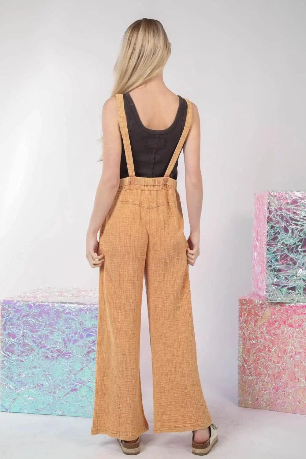 Wide Leg Denim Overalls by Trendsi - Texture Washed